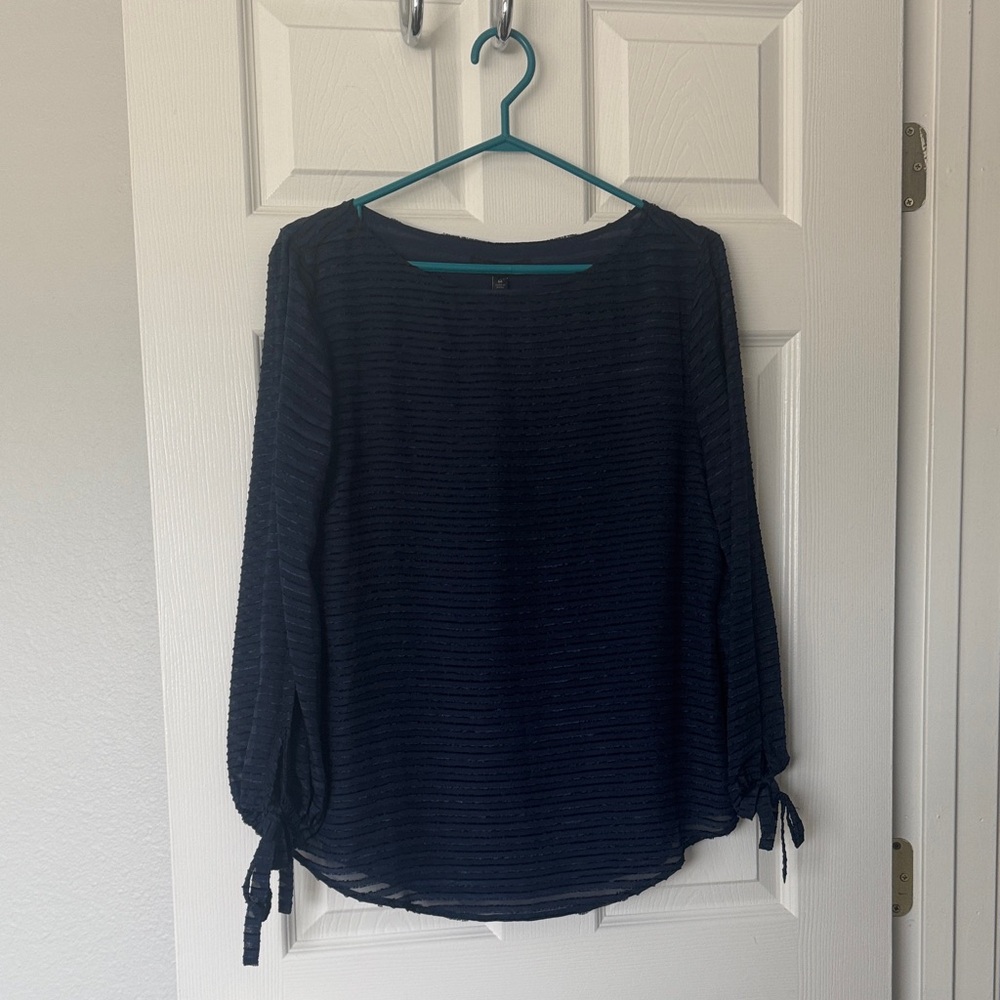 Banana Republic Navy Blue Textured Tie-Cuff Blouse